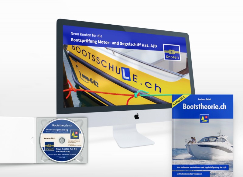 Das ideale Paket Theoriebuch Bootstheorie.ch mit dem Prüfungstrainer Bootstheorie.ch zur Vorbereitung auf die theoretische Bootsprüfung in der Schweiz für Motorboot, Passagierschiff, Güterschiff und Segelschiff.